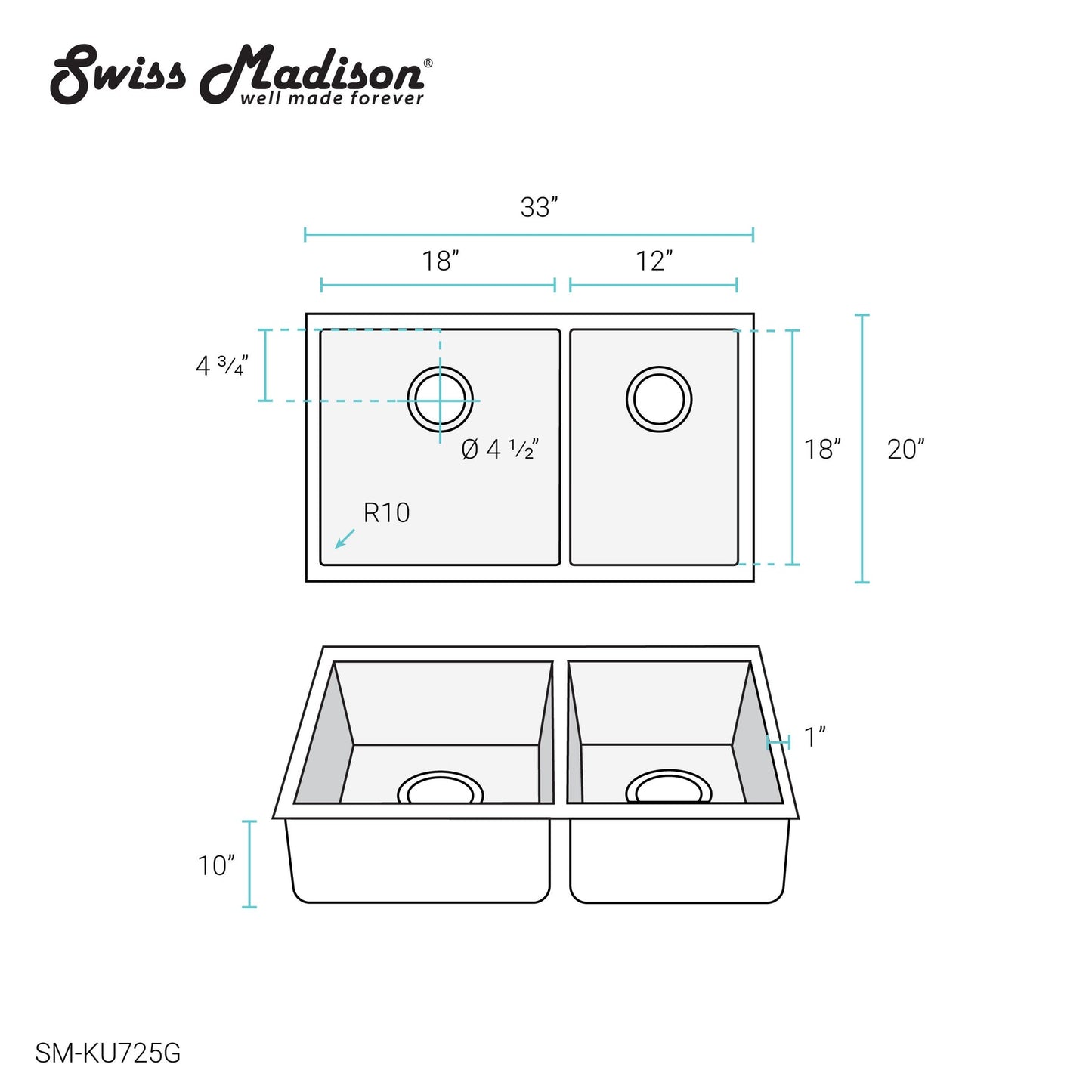 Rivage 33" x 20" Dual Basin, Undermount Kitchen Sink in Multi Colors