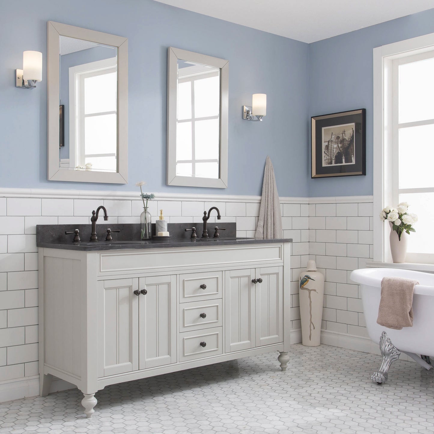 Potenza 60" Bathroom Vanity in Earl Grey with Blue Limestone Top set