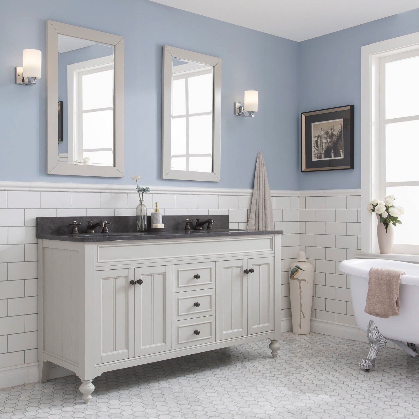 Potenza 60" Bathroom Vanity in Earl Grey with Blue Limestone Top set