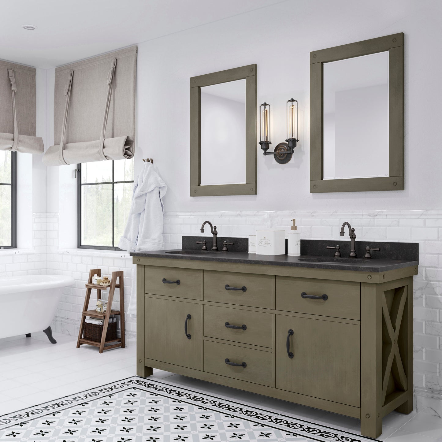 72 Inch Grizzle Grey Double Sink Bathroom Vanity sets With Blue Limestone CounterTop. ABERDEEN Collection