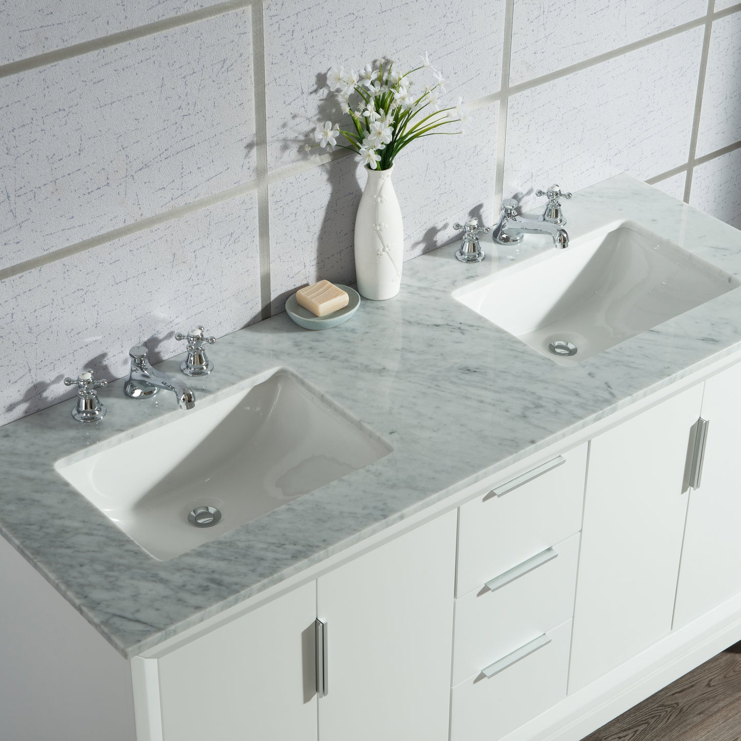 Elizabeth 60-Inch Double Sink Carrara White Marble Vanity In Pure White set