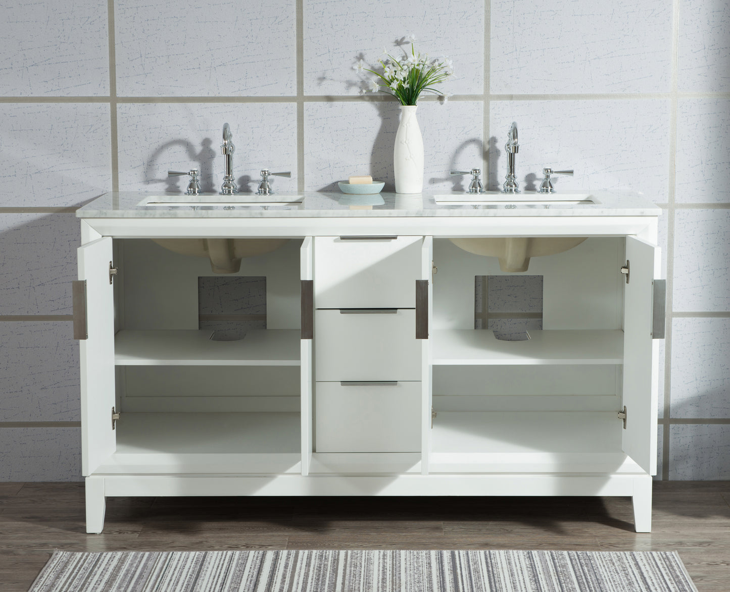 Elizabeth 60-Inch Double Sink Carrara White Marble Vanity In Pure White set