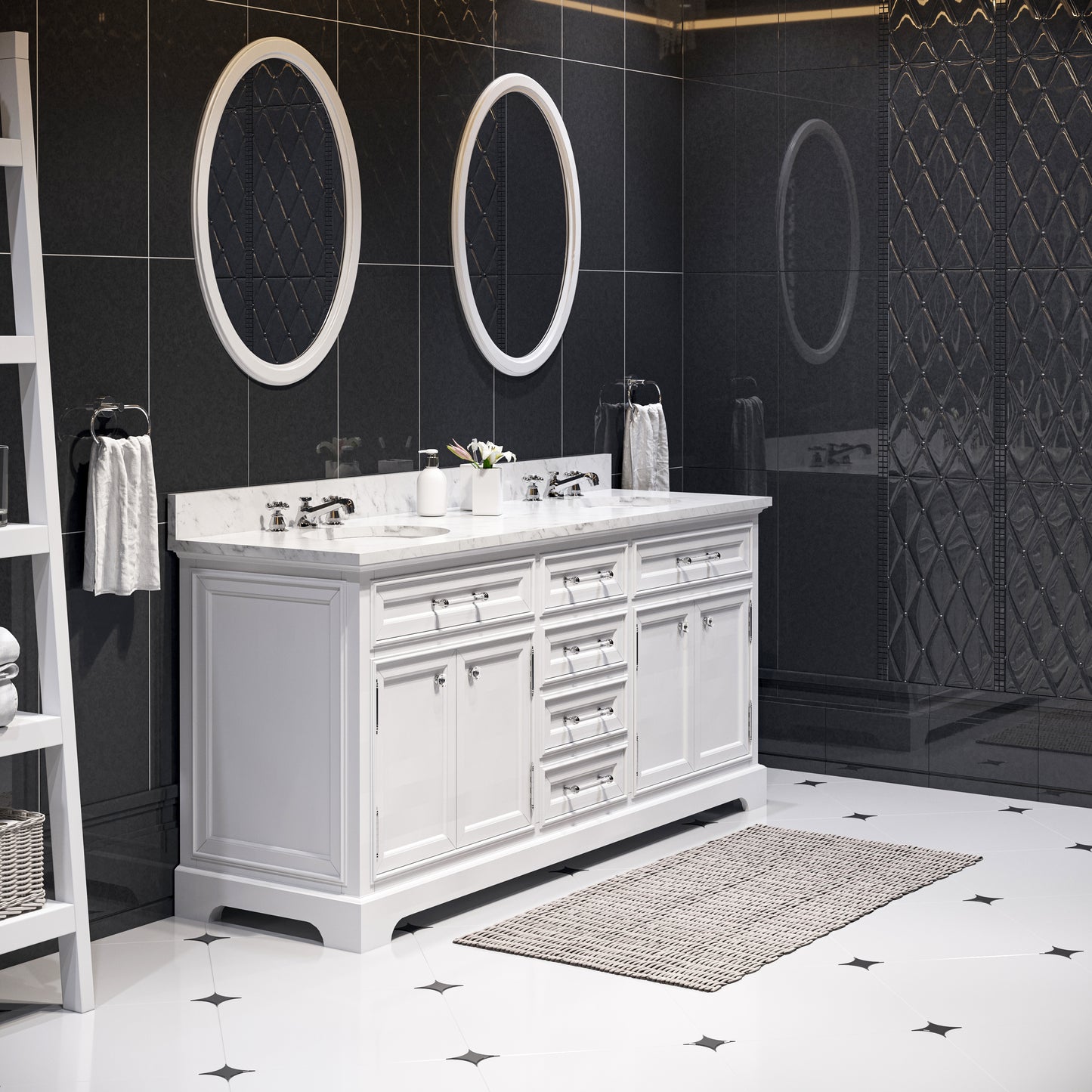 72 Inch Double Sink Bathroom Vanity, Mirrors And Faucets, Derby Collection