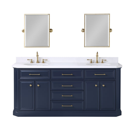 Palace 72 In. Double Sink White Quartz Countertop Vanity in Monarch Blue set