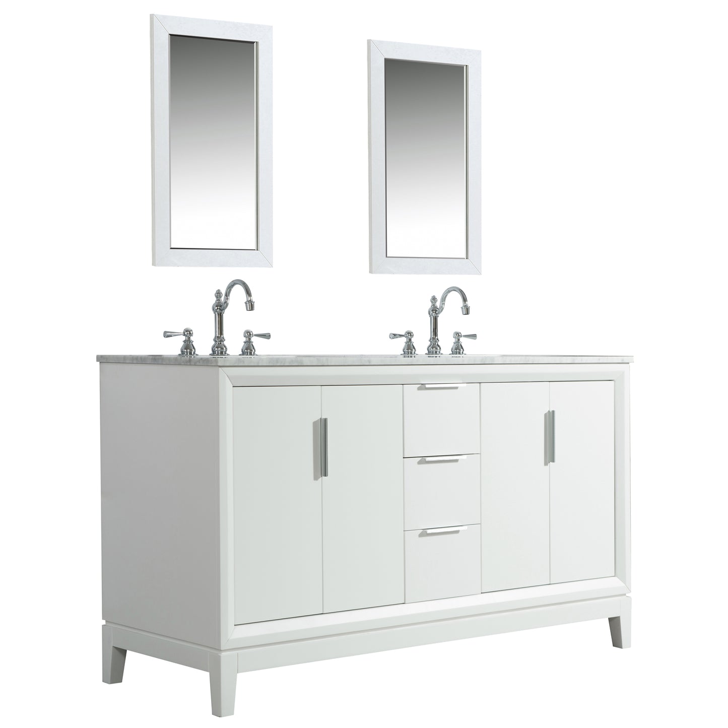 Elizabeth 60-Inch Double Sink Carrara White Marble Vanity In Pure White set