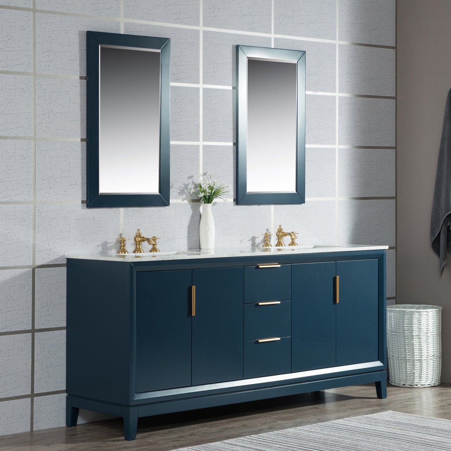 Elizabeth 72-Inch Double Sink Carrara White Marble Vanity In Monarch Blue set