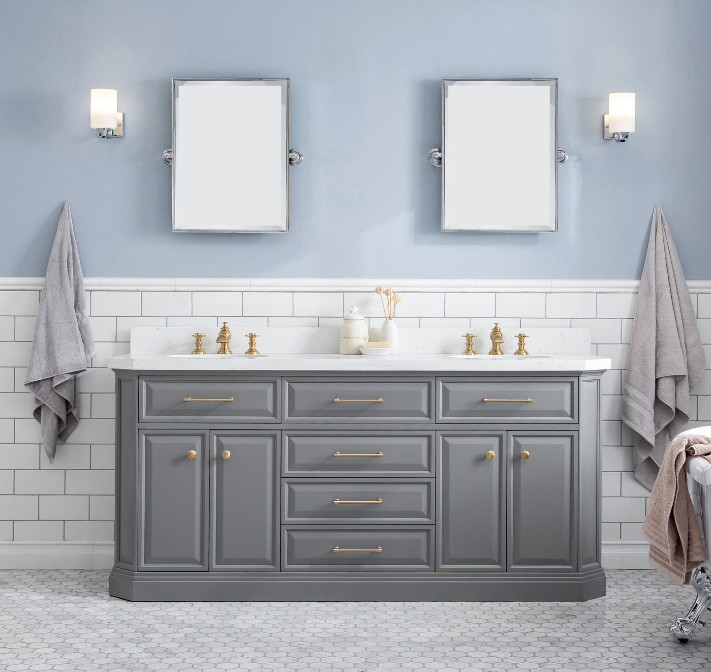 72" Palace Collection Quartz Carrara Bathroom Vanity Set in Satin Gold and Mirrors in Chrome