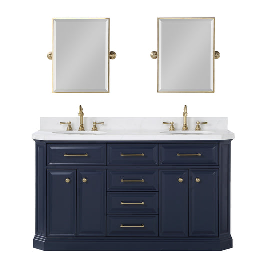 Palace 60 In. Double Sink White Quartz Countertop Vanity in Monarch Blue set