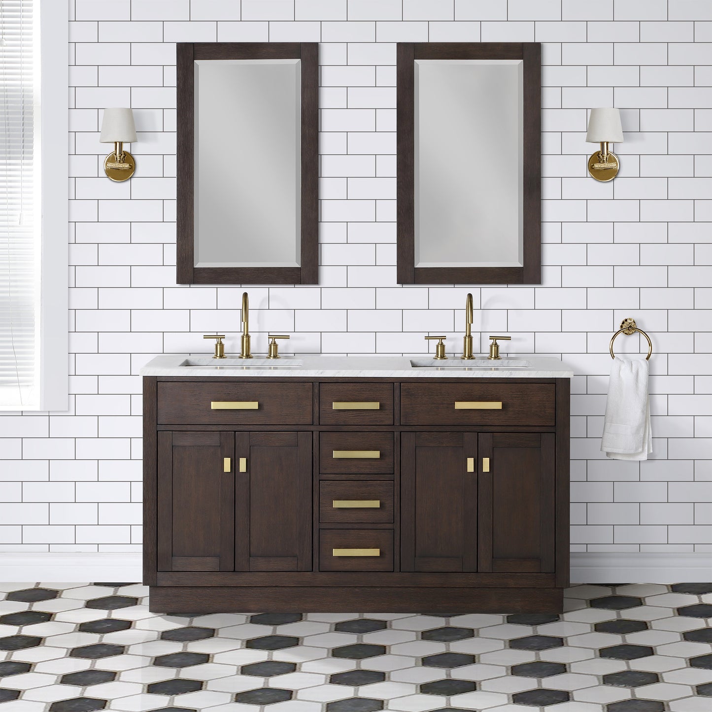 60 In. Double Sink Marble Countertop Vanity, Oak with Faucets and Mirrors, Chestnut  collection