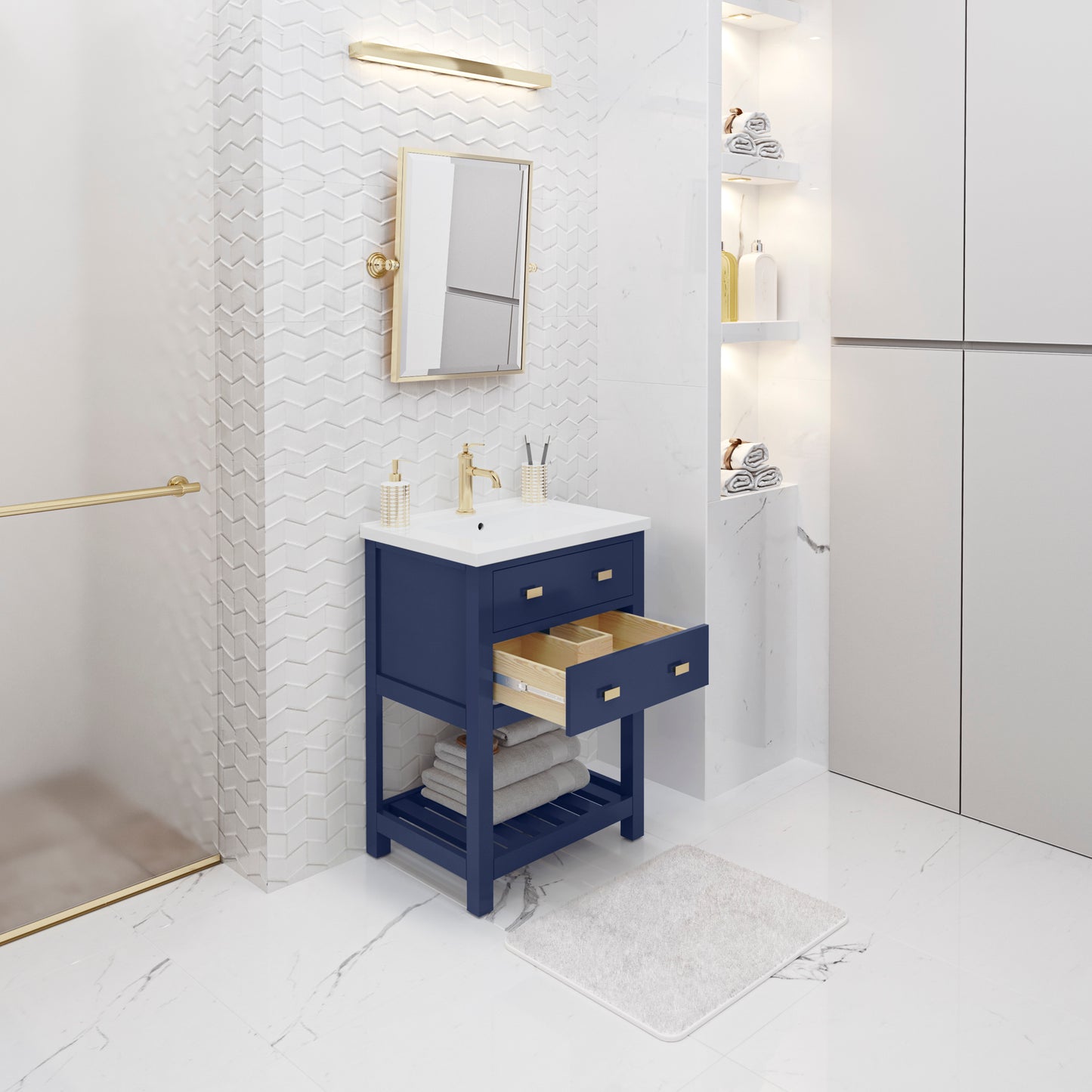 24 Inch MDF Single Bowl Ceramics Top Vanity with U shape Drawer. VIOLA Collection