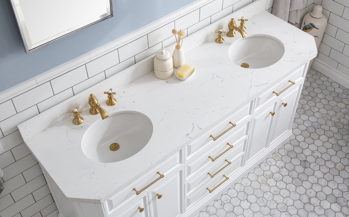 72" Palace Collection Quartz Carrara Bathroom Vanity Set in Satin Gold and Mirrors in Chrome