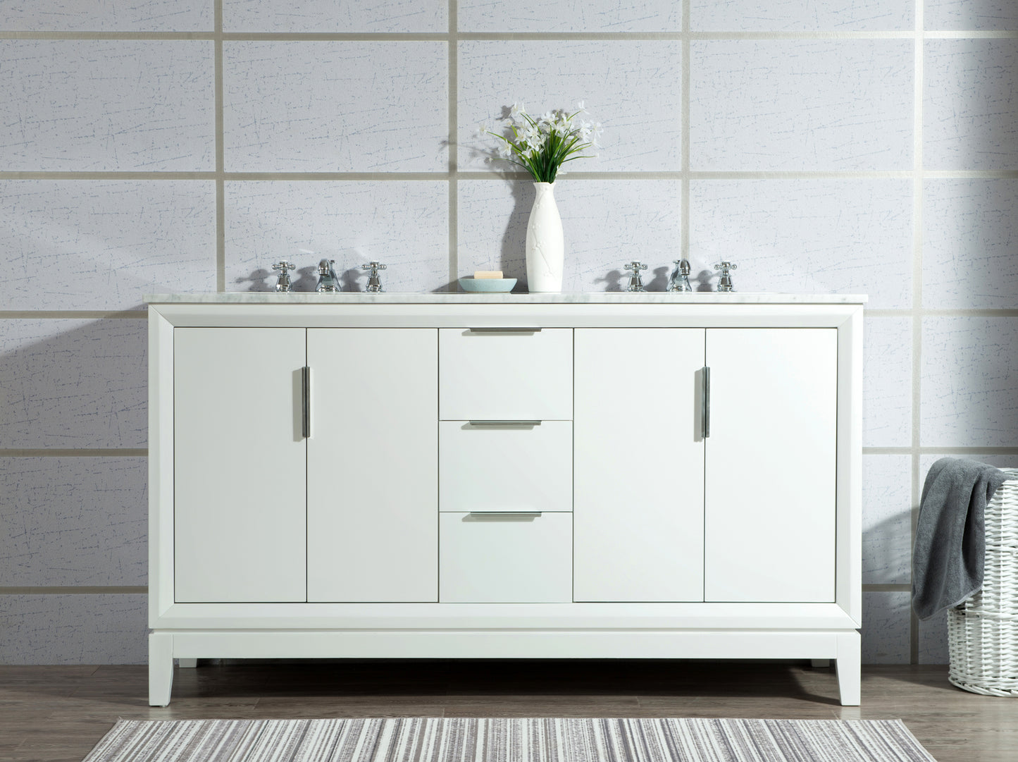 Elizabeth 60-Inch Double Sink Carrara White Marble Vanity In Pure White set