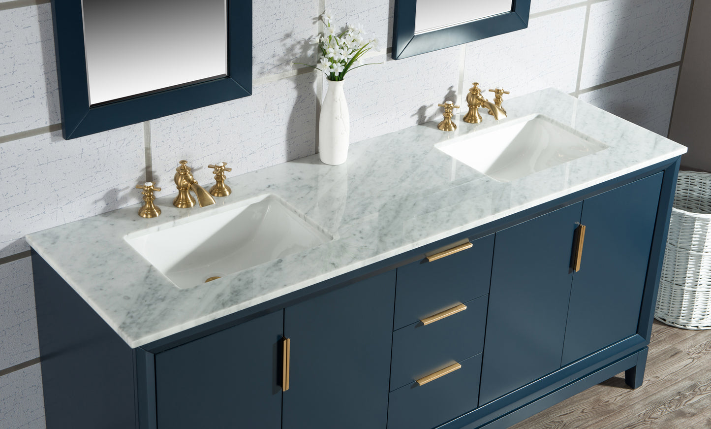 Elizabeth 72-Inch Double Sink Carrara White Marble Vanity In Monarch Blue set