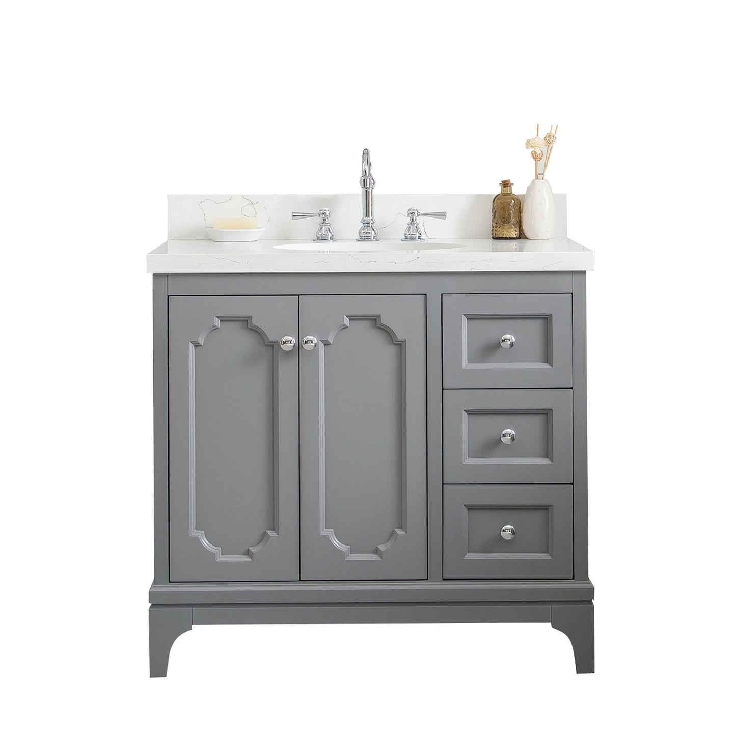 Queen 36-Inch Single Sink Quartz Carrara Vanity In Cashmere Grey set