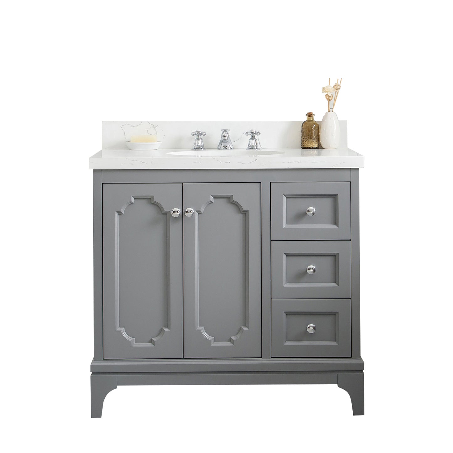 Queen 36-Inch Single Sink Quartz Carrara Vanity In Cashmere Grey set