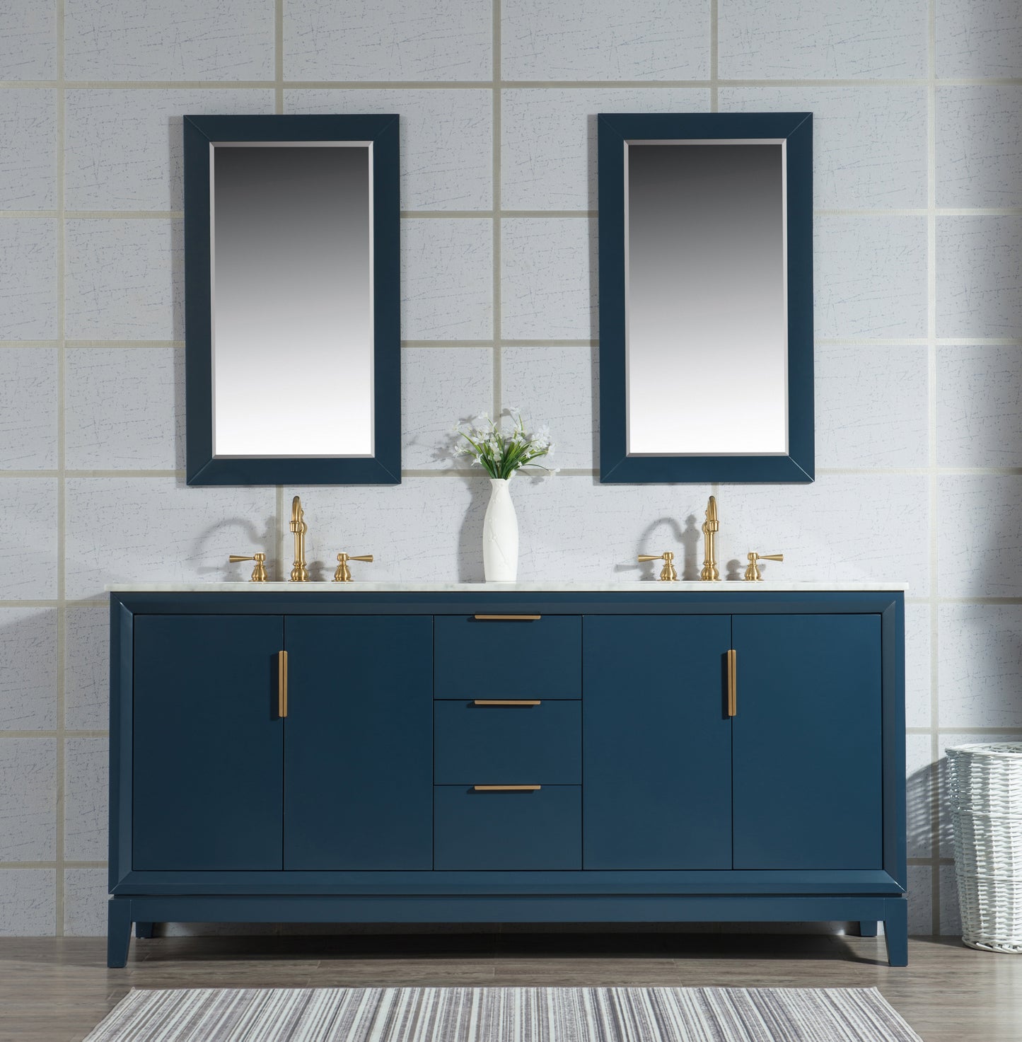 Elizabeth 72-Inch Double Sink Carrara White Marble Vanity In Monarch Blue set