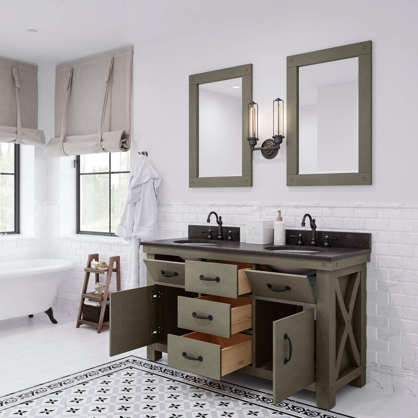 60 Inch Grizzle Grey Double Sink Bathroom Vanity sets With Blue Limestone Counter. ABERDEEN Collection