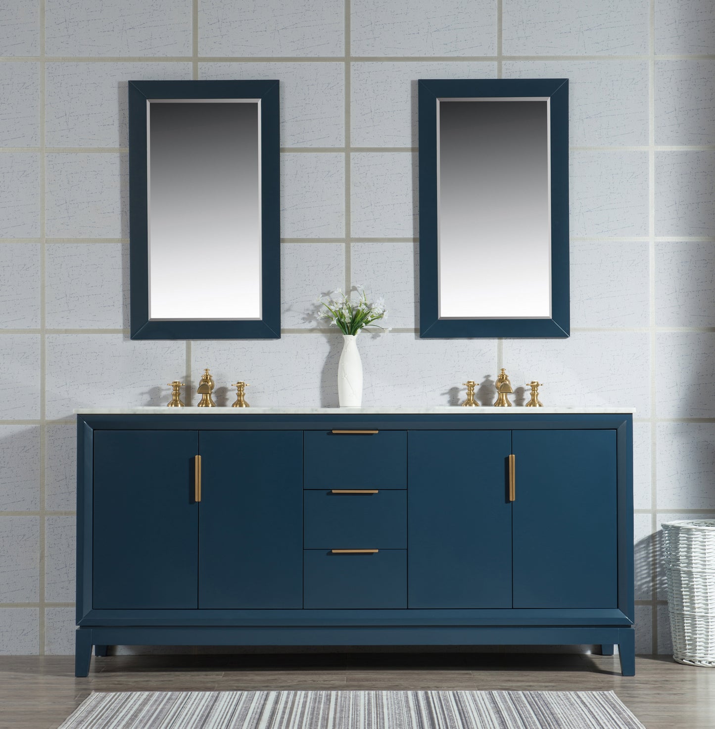 Elizabeth 72-Inch Double Sink Carrara White Marble Vanity In Monarch Blue set