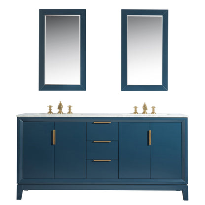 Elizabeth 72-Inch Double Sink Carrara White Marble Vanity In Monarch Blue set