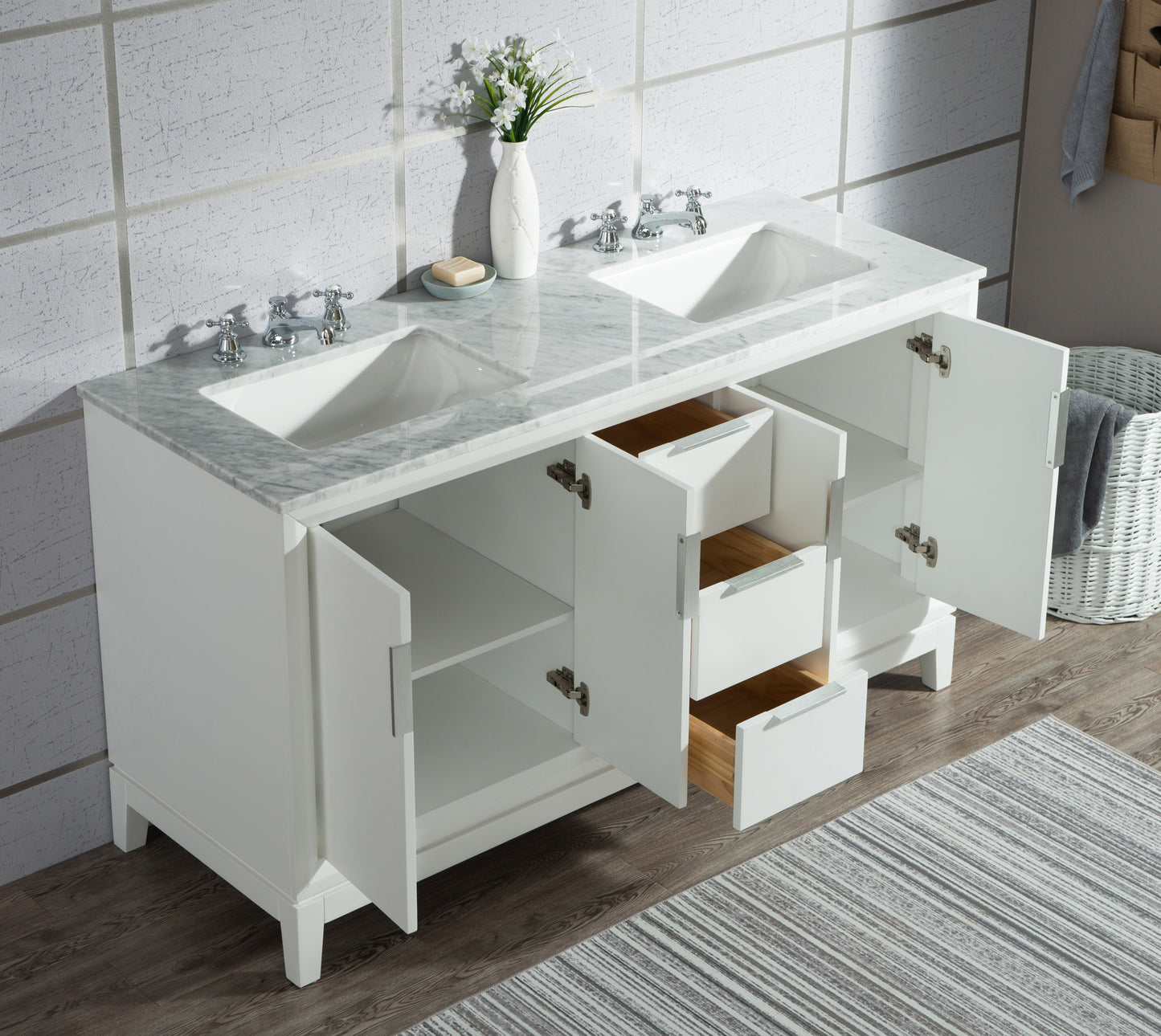 Elizabeth 60-Inch Double Sink Carrara White Marble Vanity In Pure White set