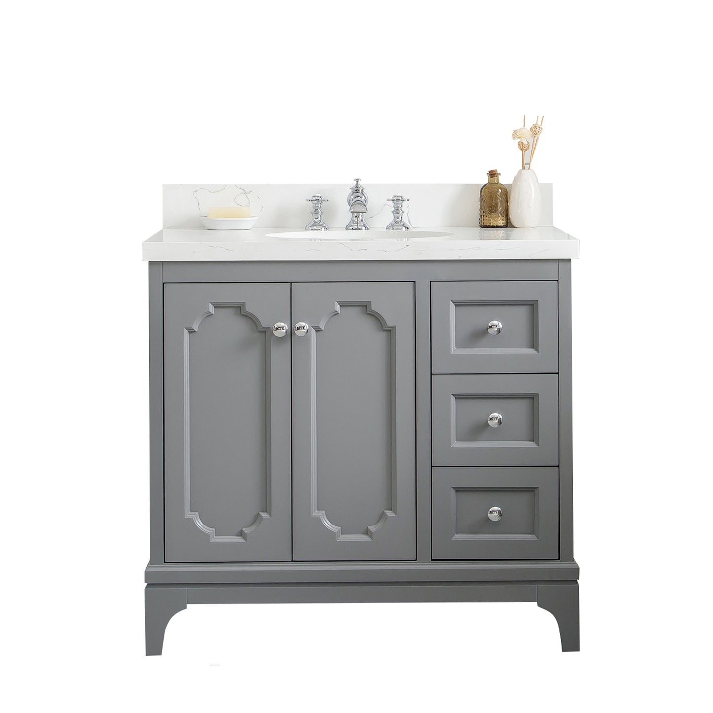 Queen 36-Inch Single Sink Quartz Carrara Vanity In Cashmere Grey set