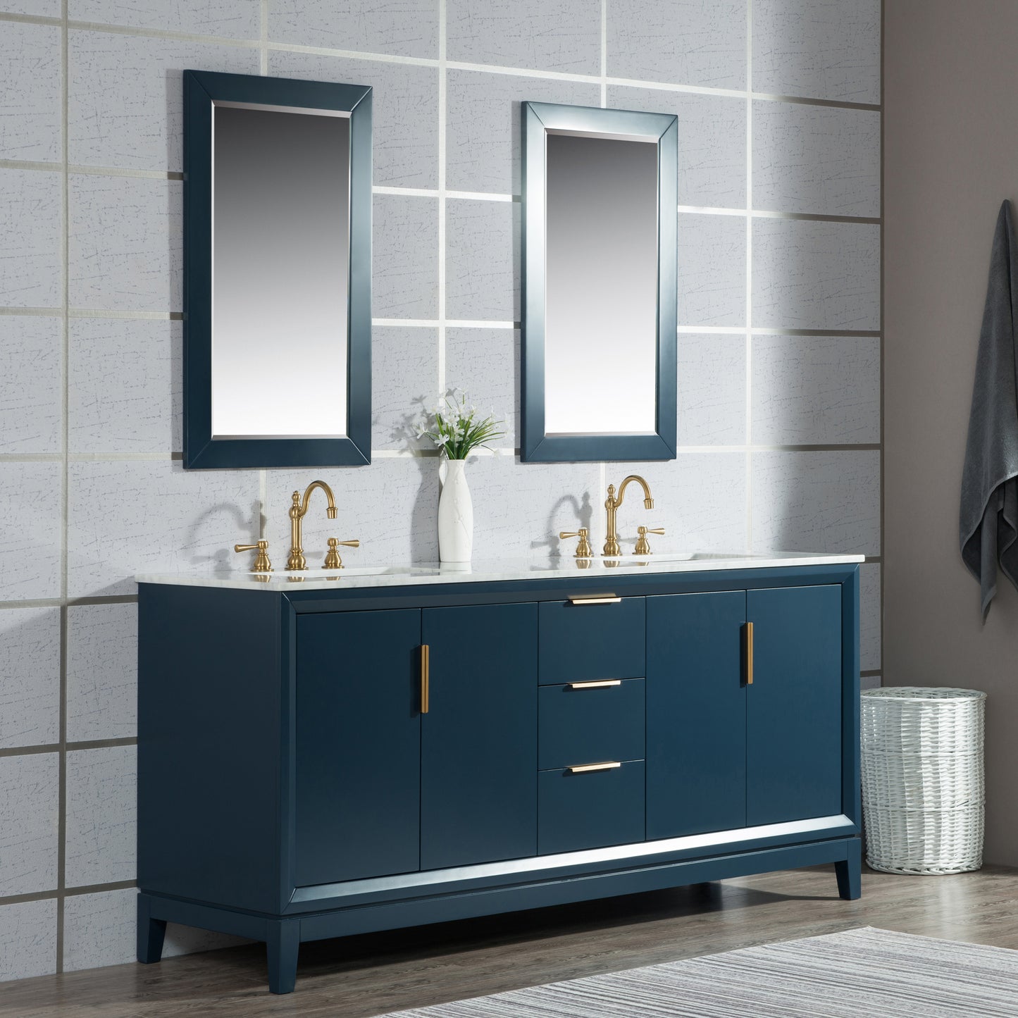 Elizabeth 72-Inch Double Sink Carrara White Marble Vanity In Monarch Blue set