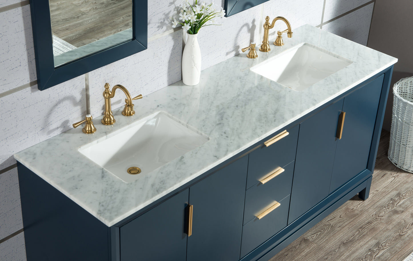 Elizabeth 72-Inch Double Sink Carrara White Marble Vanity In Monarch Blue set