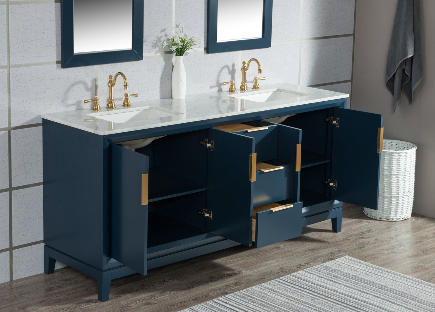 Elizabeth 72-Inch Double Sink Carrara White Marble Vanity In Monarch Blue set