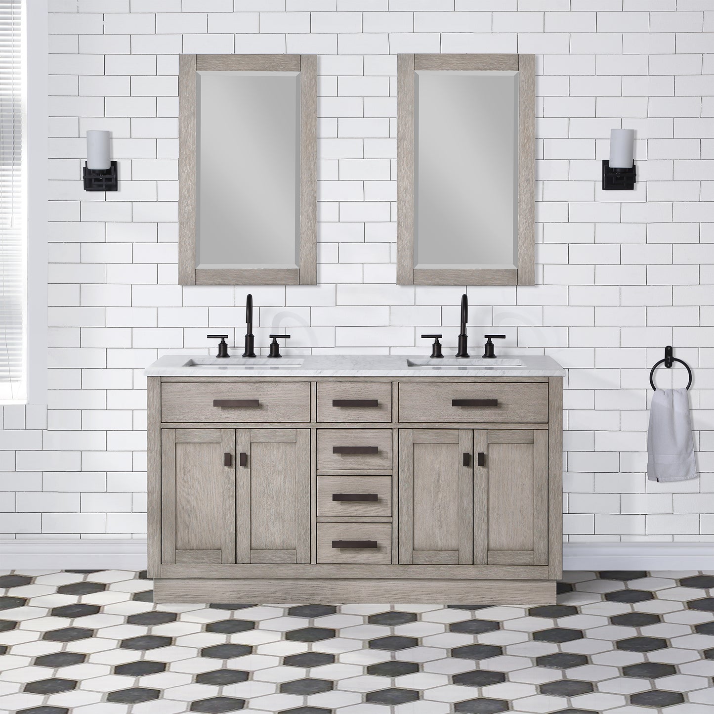 60 In. Double Sink Marble Countertop Vanity, Oak with Faucets and Mirrors, Chestnut  collection