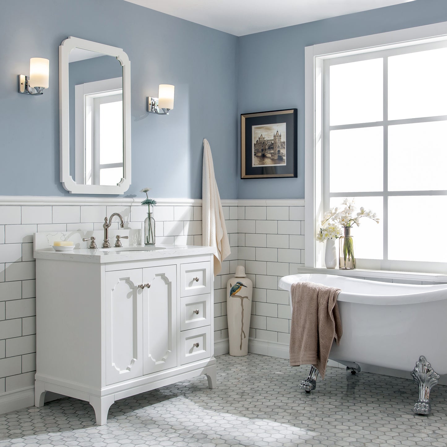Queen 36-Inch Single Sink Quartz Carrara Vanity In Pure White set