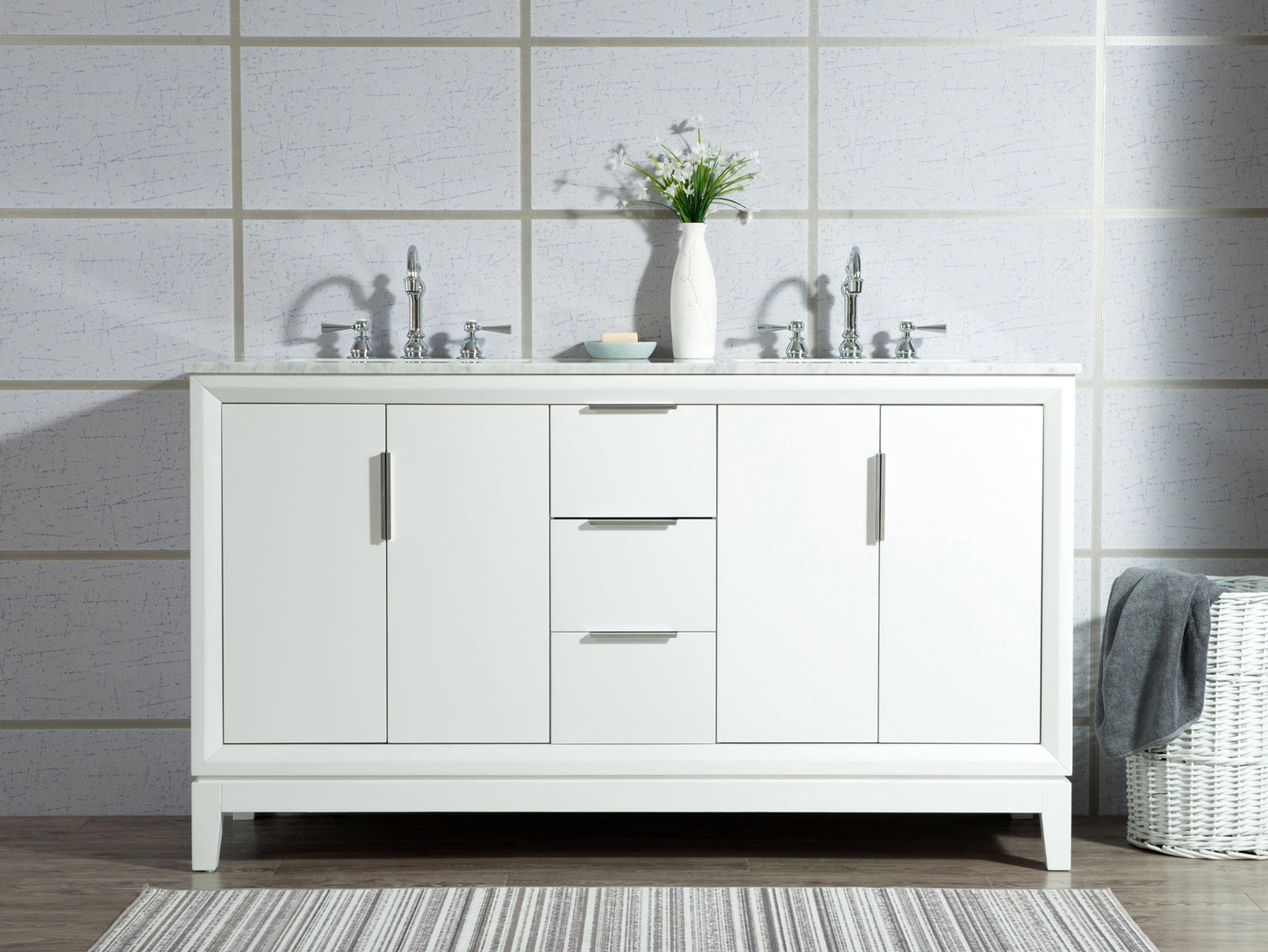 Elizabeth 60-Inch Double Sink Carrara White Marble Vanity In Pure White set