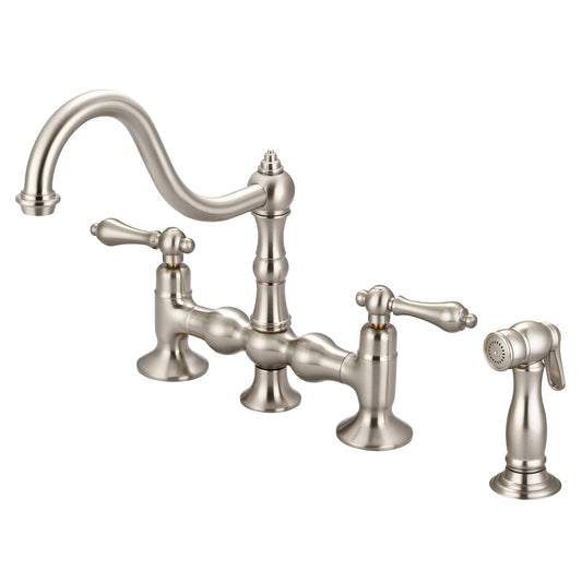 Bridge Style Kitchen Faucet With Side Spray To Match in Brushed Nickel Finish With Metal Lever Handles Without Labels